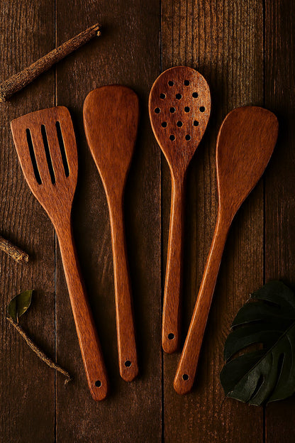 Pack Of 4 - Wooden Spoon Set - Light Brown Kitchen Tools &amp; Gadgets | Kitchen Essentials for Daily Meal Preparation, Suitable for All Types of Cooks from Beginners to Experts.