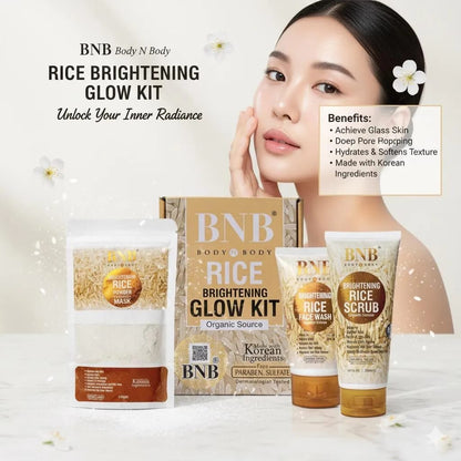 BNB Rice Brightening Glow Kit – Organic Rice Face Wash, Rice Scrub & Rice Powder Mask for Radiant & Even Skin Tone
