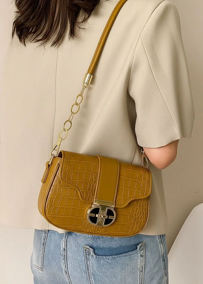 Structured Croc-Embossed Faux Leather Shoulder Bag with Gold-Tone Chain Accent and Geometric Clasp